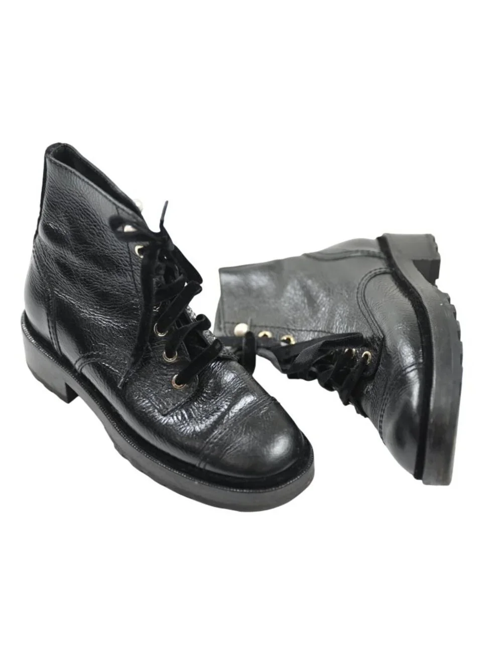 Chanel Shiny Calfskin Velvet Pearl Lace-Up Leather Boots in Black